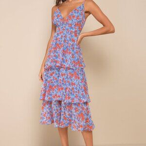 Lulus Adorable Obsession Blue Floral Print Lurex Tiered Midi Dress - Size S